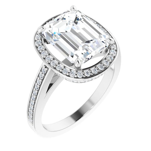 10K White Gold Customizable Cathedral-set Emerald/Radiant Cut Design with Halo, Thin Pavé Band & Round-Bezel Peekaboos