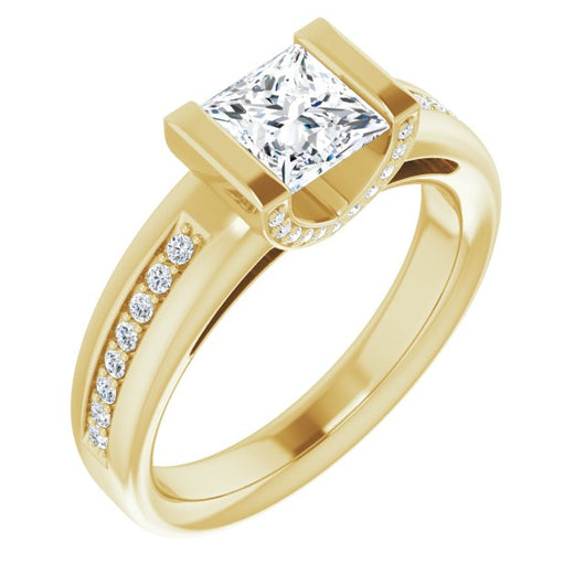 10K Yellow Gold Customizable Cathedral-Bar Princess/Square Cut Design featuring Shared Prong Band and Prong Accents