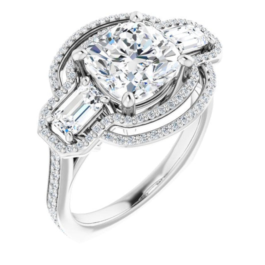 10K White Gold Customizable Enhanced 3-stone Style with Cushion Cut Center, Emerald Cut Accents, Double Halo and Thin Shared Prong Band