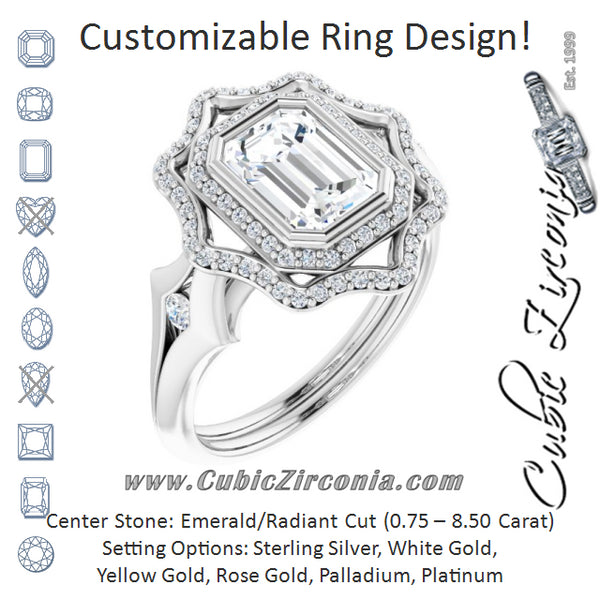 Cubic Zirconia Engagement Ring- The Cyra (Customizable Cathedral-bezel Emerald Cut Design with Floral Double Halo and Channel-Accented Split Band)