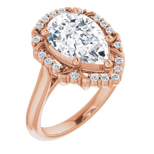 10K Rose Gold Customizable Pear Cut Design with Majestic Crown Halo and Raised Illusion Setting