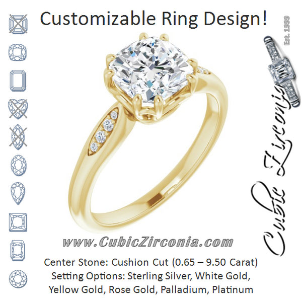 Cubic Zirconia Engagement Ring- The Sandhya (Customizable 9-stone Cushion Cut Design with 8-prong Decorative Basket & Round Cut Side Stones)