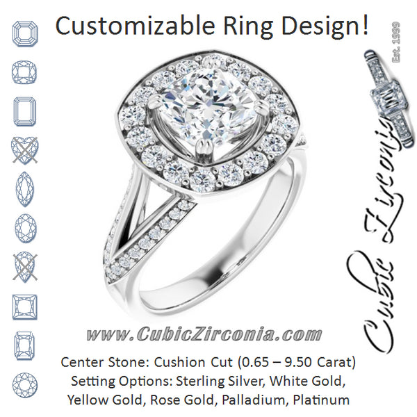 Cubic Zirconia Engagement Ring- The Darsha (Customizable Cushion Cut Center with Large-Accented Halo and Split Shared Prong Band)