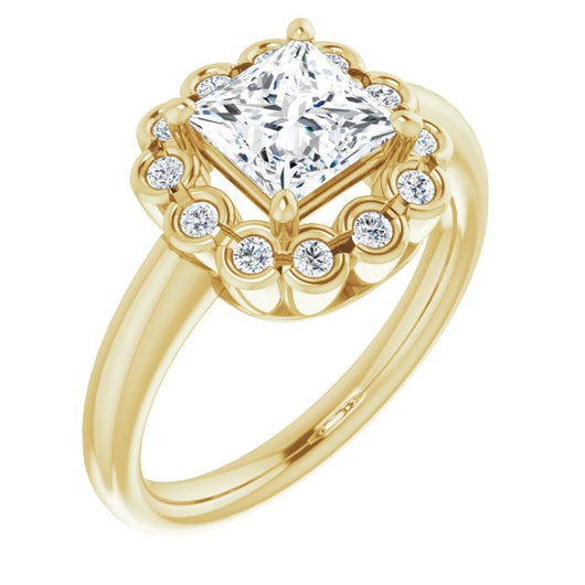 10K Yellow Gold Customizable 13-stone Princess/Square Cut Design with Floral-Halo Round Bezel Accents