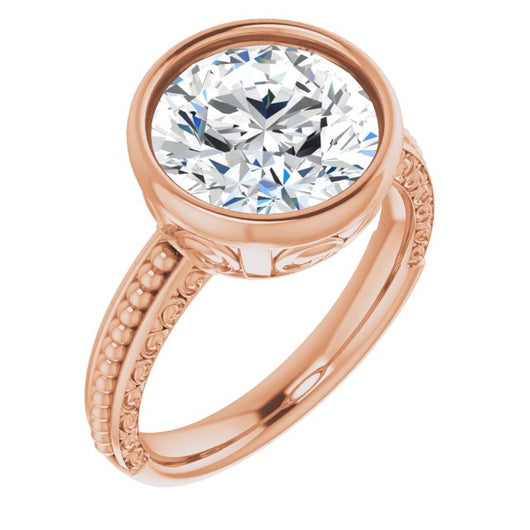 10K Rose Gold Customizable Bezel-set Round Cut Solitaire with Beaded and Carved Three-sided Band