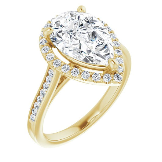 10K Yellow Gold Customizable Pear Cut Design with Halo, Round Channel Band and Floating Peekaboo Accents