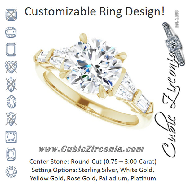 Cubic Zirconia Engagement Ring- The Annaliza (Customizable 7-stone Design with Round Cut Center and Baguette Accents)