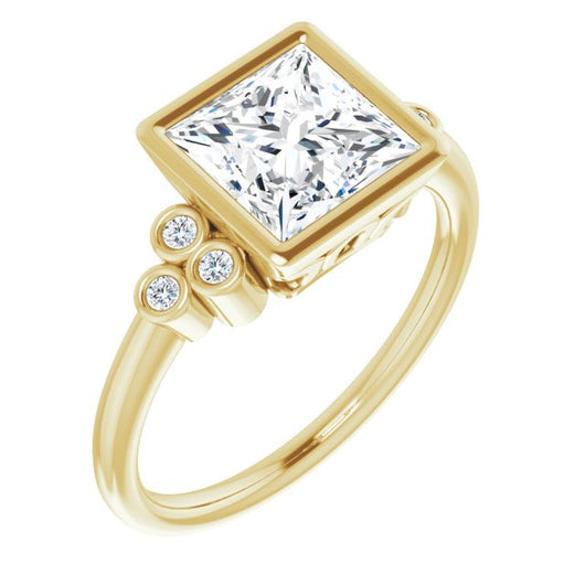 10K Yellow Gold Customizable 7-stone Princess/Square Cut Style with Triple Round-Bezel Accent Cluster Each Side