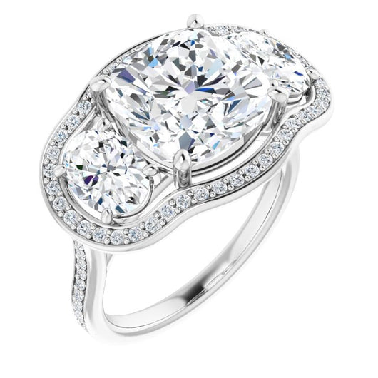 10K White Gold Customizable Cushion Cut Style with Oval Cut Accents, 3-stone Halo & Thin Shared Prong Band