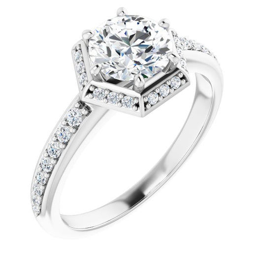 10K White Gold Customizable Round Cut Design with Geometric Under-Halo and Shared Prong Band