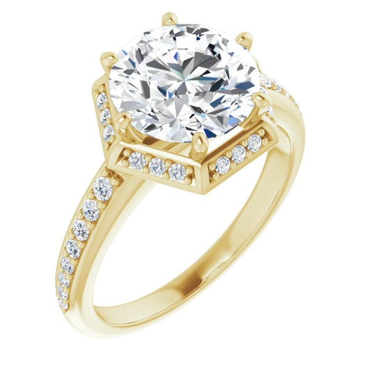 10K Yellow Gold Customizable Round Cut Design with Geometric Under-Halo and Shared Prong Band