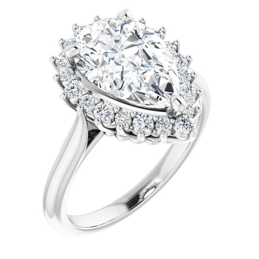 10K White Gold Customizable Crown-Cathedral Pear Cut Design with Clustered Large-Accent Halo & Ultra-thin Band