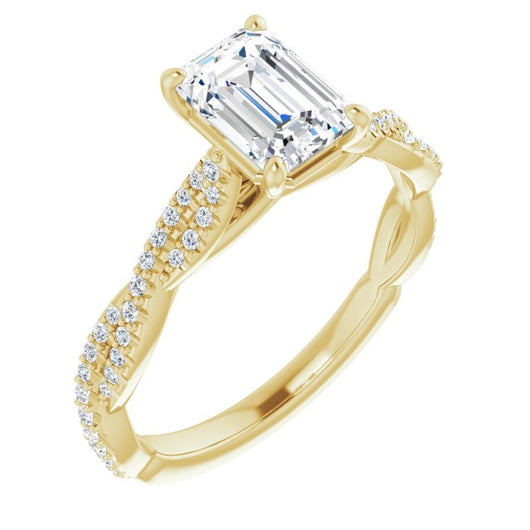 10K Yellow Gold Customizable Emerald/Radiant Cut Style with Thin and Twisted Micropavé Band