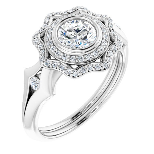 10K White Gold Customizable Cathedral-bezel Round Cut Design with Floral Double Halo and Channel-Accented Split Band