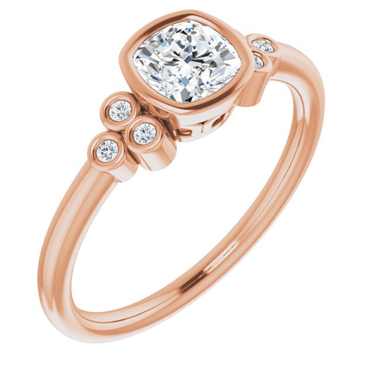 10K Rose Gold Customizable 7-stone Cushion Cut Style with Triple Round-Bezel Accent Cluster Each Side