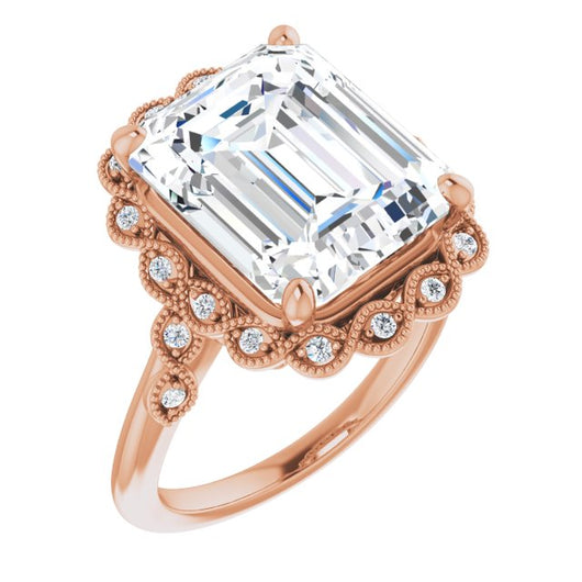 10K Rose Gold Customizable 3-stone Design with Emerald/Radiant Cut Center and Halo Enhancement