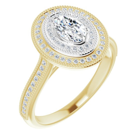 14K Yellow & White Gold Customizable Oval Cut Design with Elegant Double Halo, Houndstooth Milgrain and Band-Channel Accents