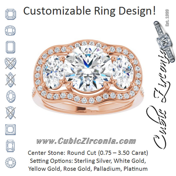 Cubic Zirconia Engagement Ring- The Dulce (Customizable Round Cut Style with Oval Cut Accents, 3-stone Halo & Thin Shared Prong Band)