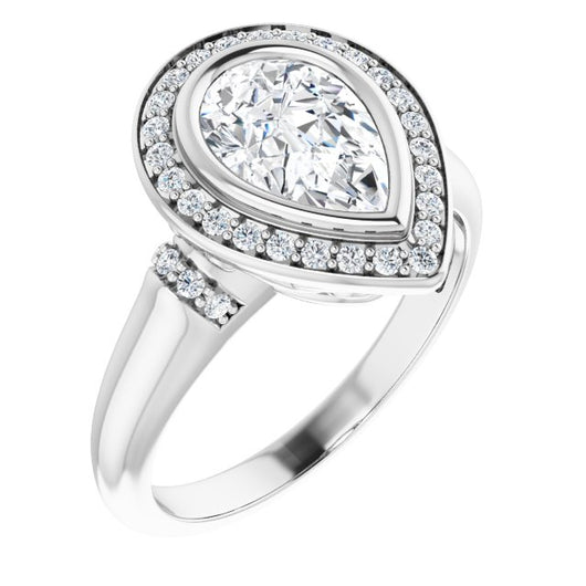 10K White Gold Customizable Bezel-set Pear Cut Design with Halo and Vertical Round Channel Accents