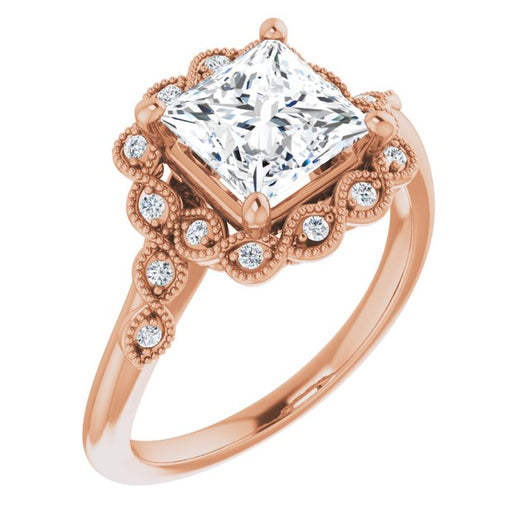 10K Rose Gold Customizable 3-stone Design with Princess/Square Cut Center and Halo Enhancement