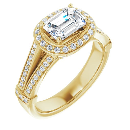 10K Yellow Gold Customizable Emerald/Radiant Cut Setting with Halo, Under-Halo Trellis Accents and Accented Split Band