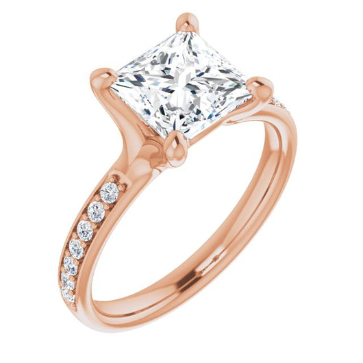 10K Rose Gold Customizable Heavy Prong-Set Princess/Square Cut Style with Round Cut Band Accents