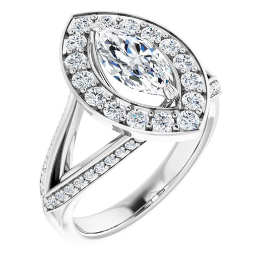 10K White Gold Customizable Marquise Cut Center with Large-Accented Halo and Split Shared Prong Band