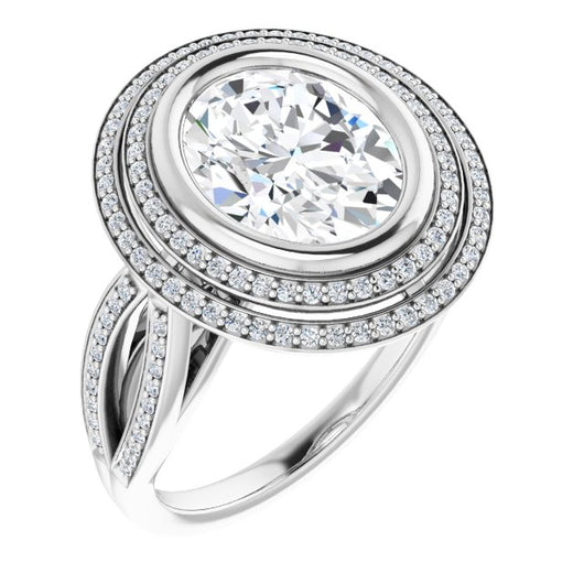 10K White Gold Customizable Bezel-set Oval Cut Style with Double Halo and Split Shared Prong Band