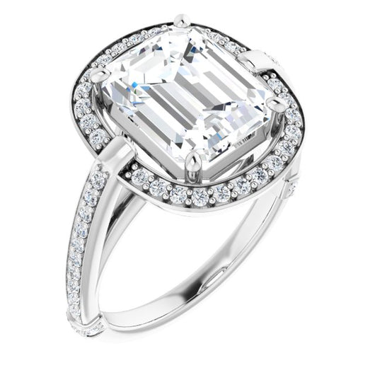 10K White Gold Customizable High-Cathedral Emerald/Radiant Cut Design with Halo and Shared Prong Band