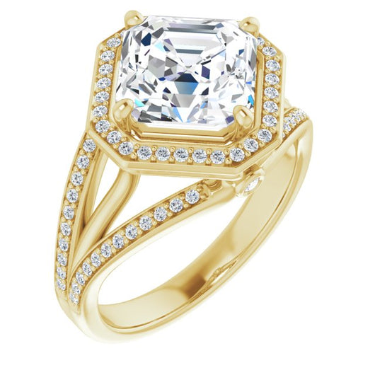 10K Yellow Gold Customizable High-set Asscher Cut Design with Halo, Wide Tri-Split Shared Prong Band and Round Bezel Peekaboo Accents