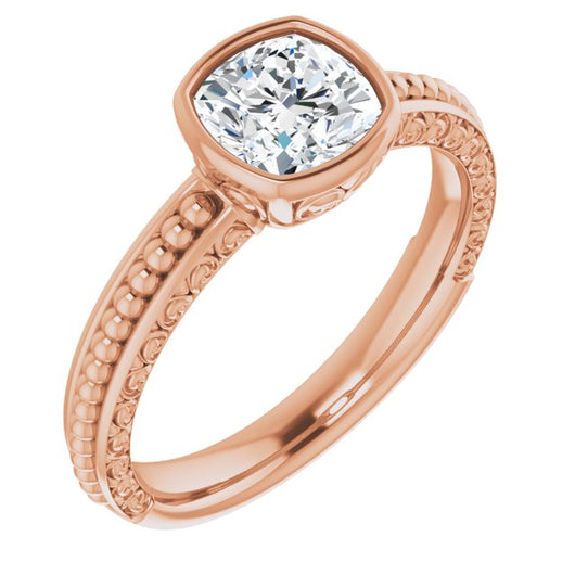 10K Rose Gold Customizable Bezel-set Cushion Cut Solitaire with Beaded and Carved Three-sided Band