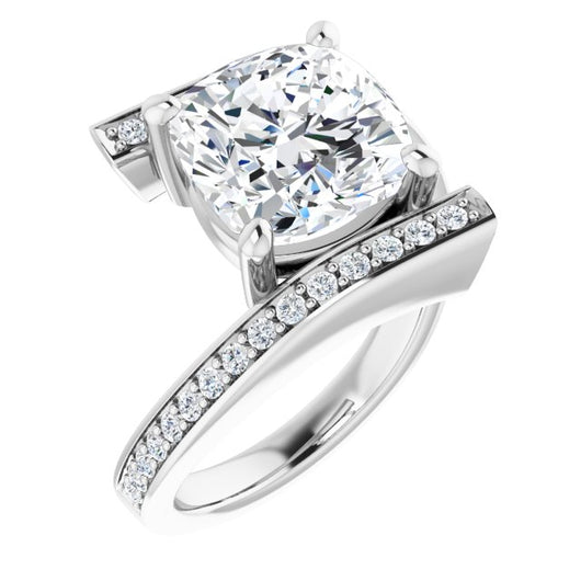 10K White Gold Customizable Faux-Bar-set Cushion Cut Design with Accented Bypass Band