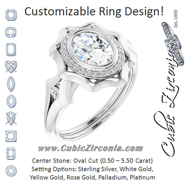 Cubic Zirconia Engagement Ring- The Jeanne (Customizable Bezel-set Oval Cut with Halo & Oversized Floral Design)