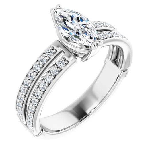 14K White Gold Customizable Marquise Cut Design featuring Split Band with Accents