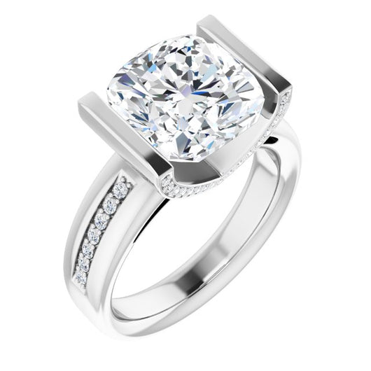 10K White Gold Customizable Cathedral-Bar Cushion Cut Design featuring Shared Prong Band and Prong Accents