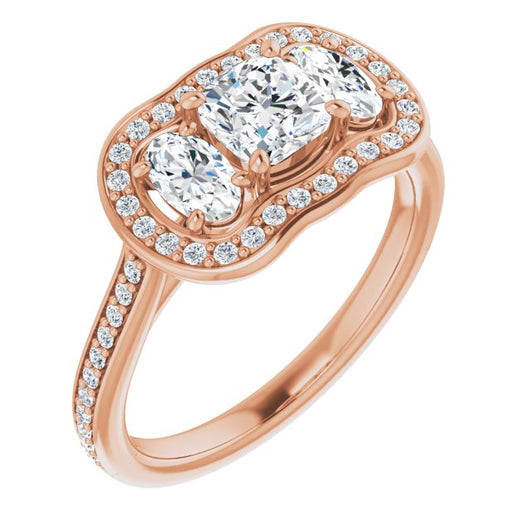 10K Rose Gold Customizable Cushion Cut Style with Oval Cut Accents, 3-stone Halo & Thin Shared Prong Band