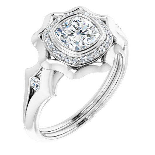 10K White Gold Customizable Bezel-set Cushion Cut with Halo & Oversized Floral Design