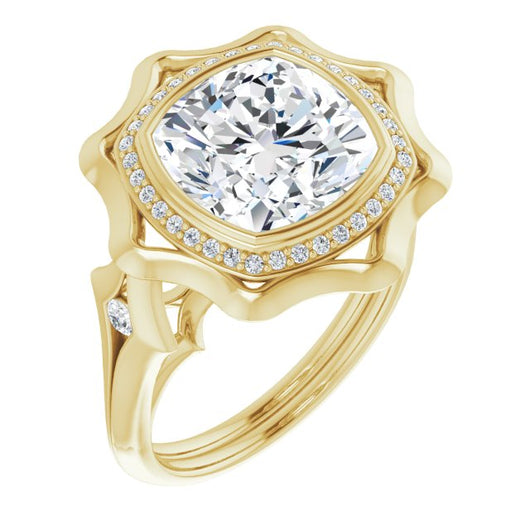 10K Yellow Gold Customizable Bezel-set Cushion Cut with Halo & Oversized Floral Design