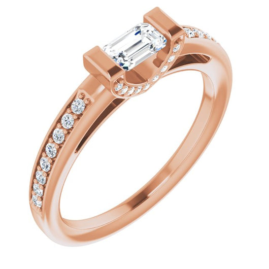 10K Rose Gold Customizable Cathedral-Bar Emerald/Radiant Cut Design featuring Shared Prong Band and Prong Accents