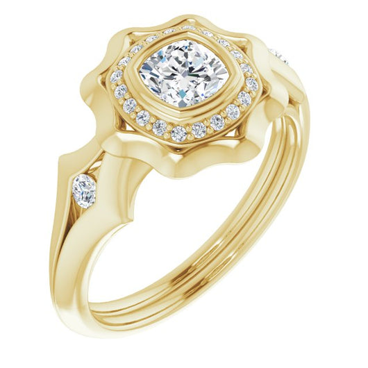 10K Yellow Gold Customizable Bezel-set Cushion Cut with Halo & Oversized Floral Design