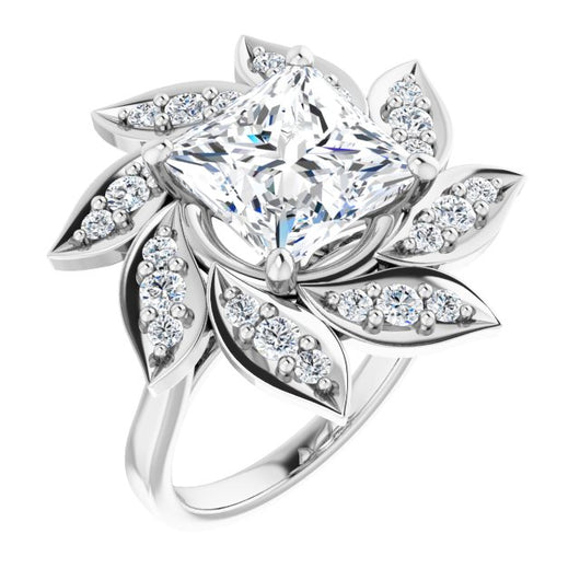 10K White Gold Customizable Princess/Square Cut Design with Artisan Floral Halo