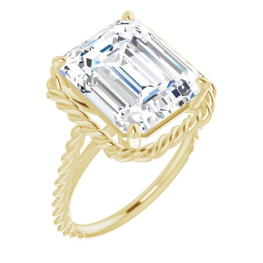 10K Yellow Gold Customizable Cathedral-set Emerald/Radiant Cut Solitaire with Thin Rope-Twist Band