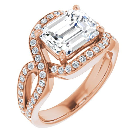 10K Rose Gold Customizable Emerald/Radiant Cut Center with Infinity-inspired Split Shared Prong Band and Bypass Halo