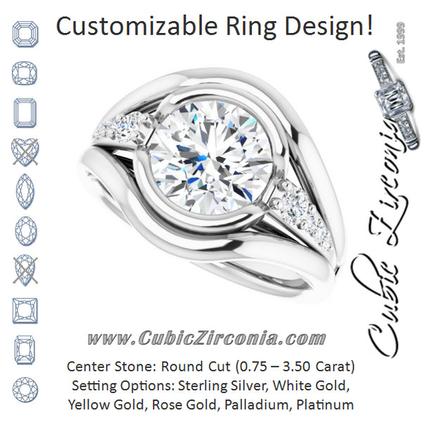 Cubic Zirconia Engagement Ring- The Naira (Customizable 9-stone Round Cut Design with Bezel Center, Wide Band and Round Prong Side Stones)