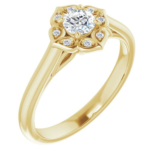 10K Yellow Gold Customizable Cathedral-raised Round Cut Design with Star Halo & Round-Bezel Peekaboo Accents