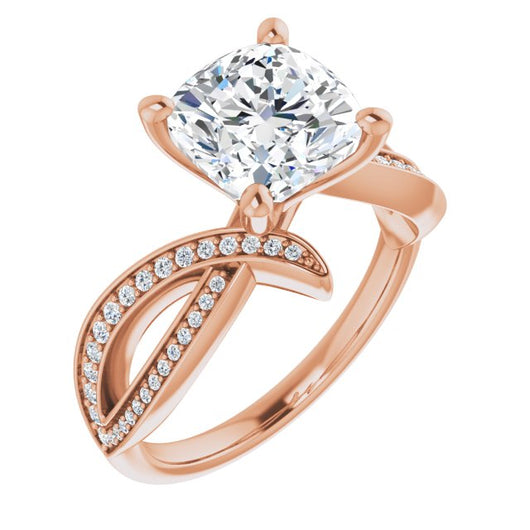 10K Rose Gold Customizable Cushion Cut Design with Swooping Pavé Bypass Band