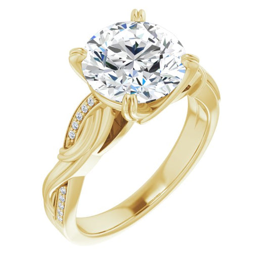 10K Yellow Gold Customizable Cathedral-raised Round Cut Design featuring Rope-Braided Half-Pavé Band