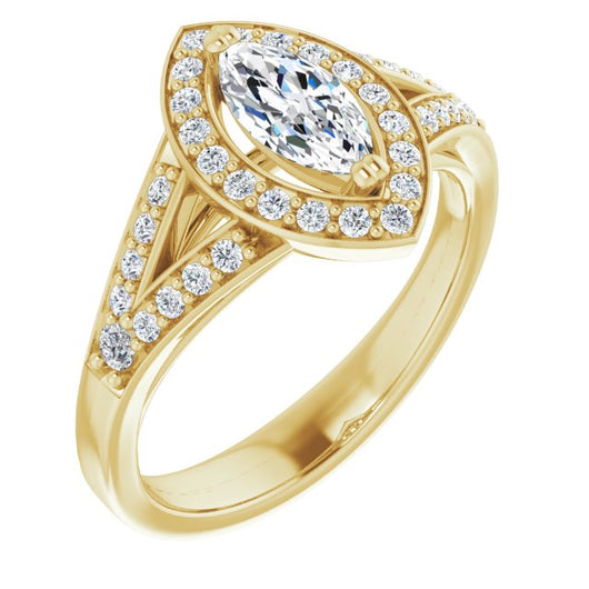 10K Yellow Gold Customizable Cathedral-set Marquise Cut Style with Accented Split Band and Halo