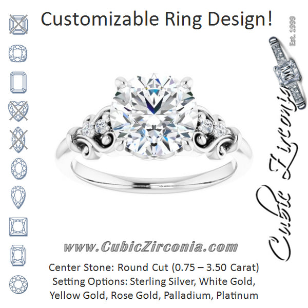 Cubic Zirconia Engagement Ring- The Amice (Customizable Vintage 5-stone Design with Round Cut Center and Artistic Band Décor)