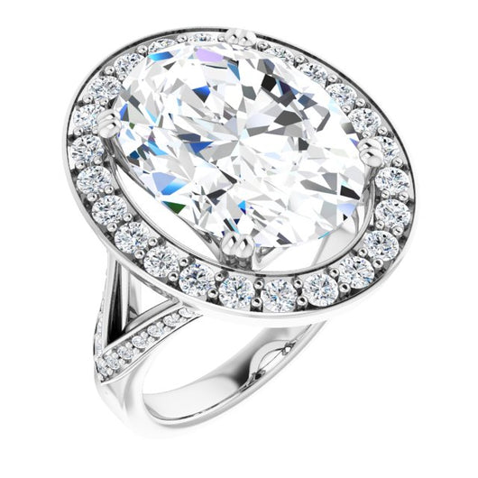 10K White Gold Customizable Oval Cut Center with Large-Accented Halo and Split Shared Prong Band